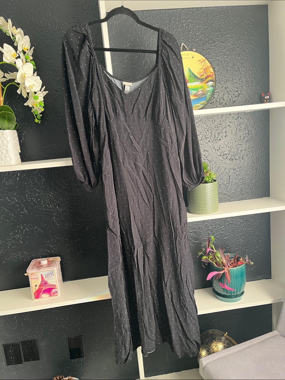 a new day Black Dot-Print Maxi Dress with Puff Sleeves